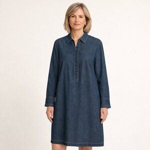 Lafayette 148 Womens Denim Shirt Dress Size Large Blue Long Sleeve Ruffle Detail